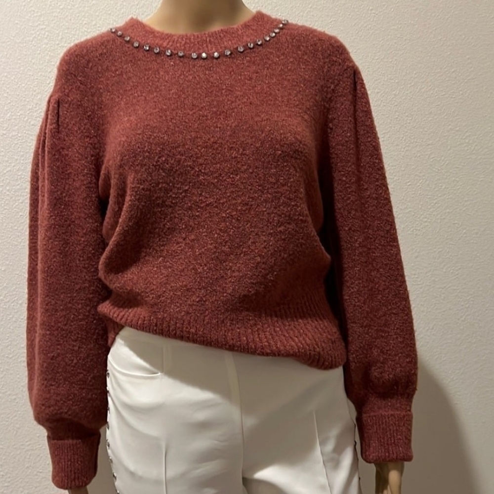 Cinq à Sept Necklace Detail Wool Blend Pullover Sweater